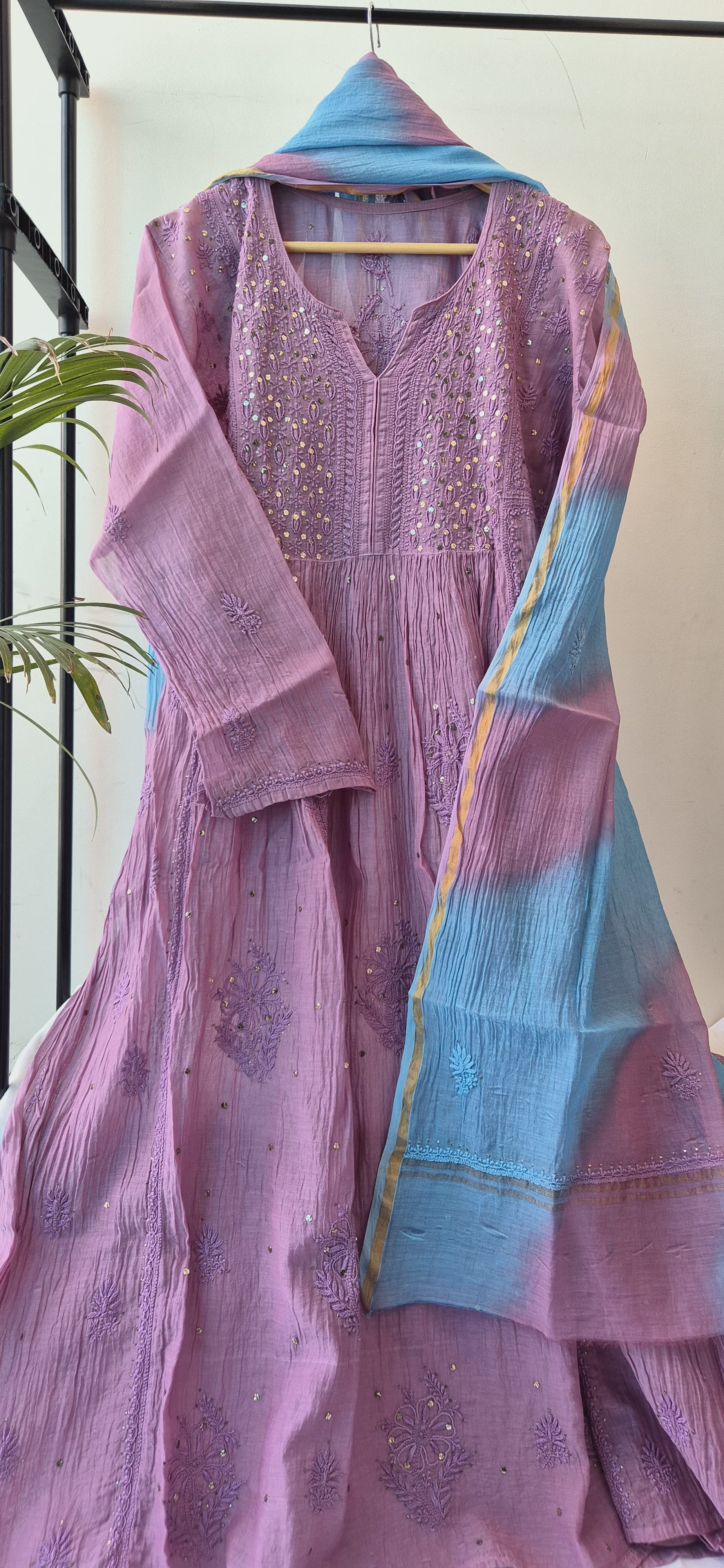 Yellow - 2pc Mul Chanderi Semi Stitched Tissue Zari Hand Beads Work Anarkali Heavy Chikankari Kurta Set 10