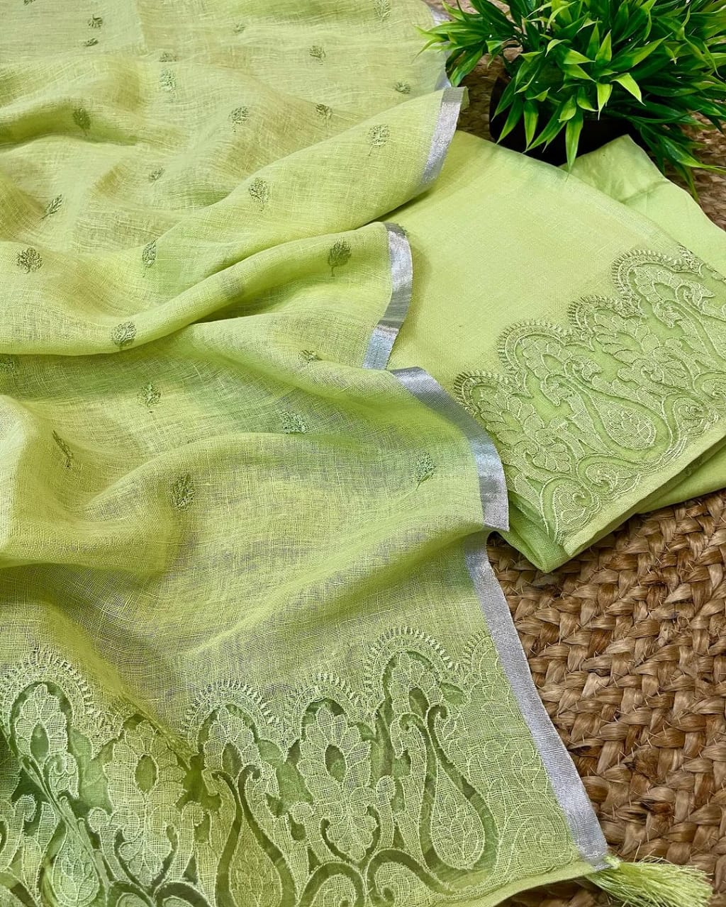 Pure linen by linen handcutwork 3PC suit in light green