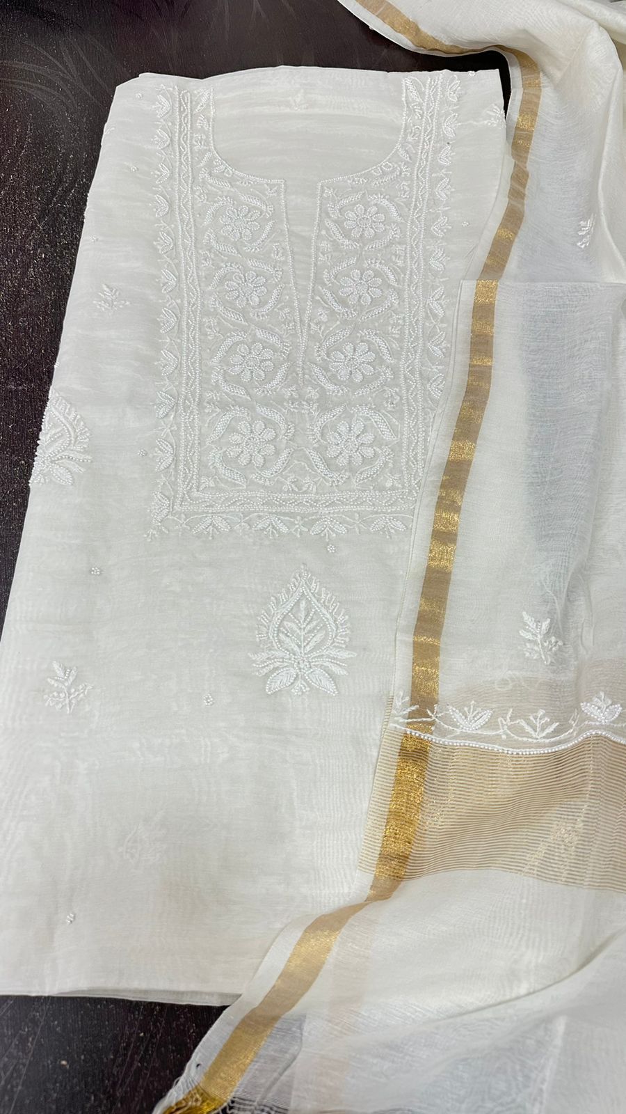 Women's Lakhnavi Handcrafted Mul Chanderi Chikankari Full Suit Material - HONC0307420