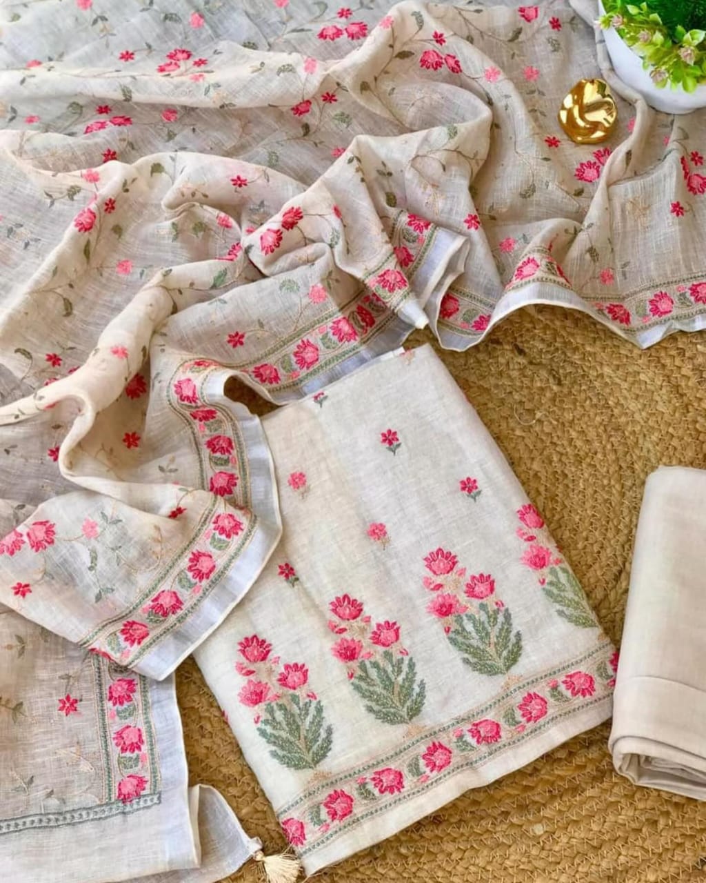 CREAM FLORAL CROSS STITCH COTTON LINEN SUIT SET