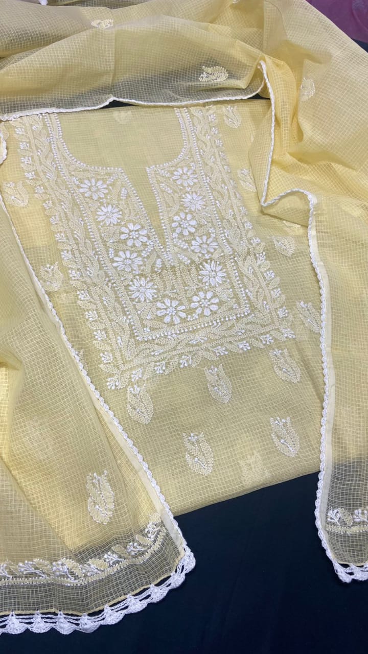 Pink - Kota Doria Cotton Chikankari Hand Embroidered 2pc Unstitched Dress Material 01