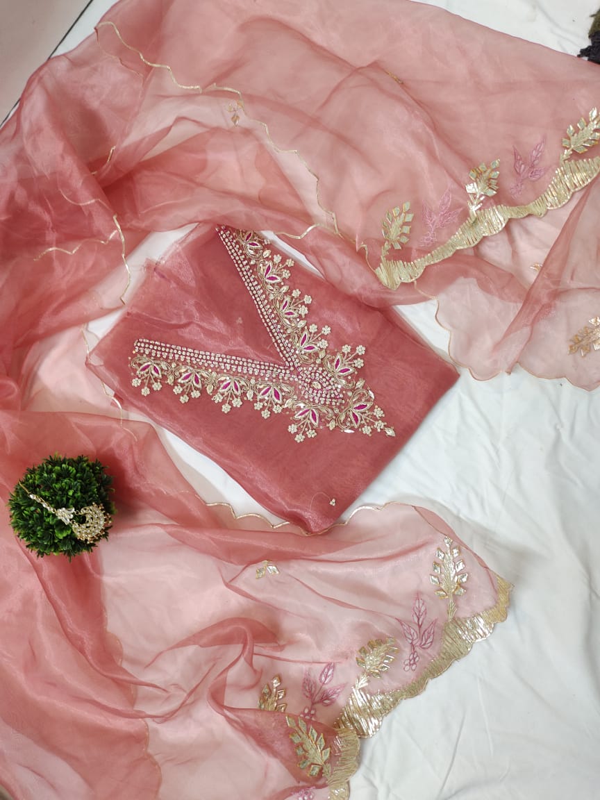 Organza handwork suit in caramel peach – HolyThread India