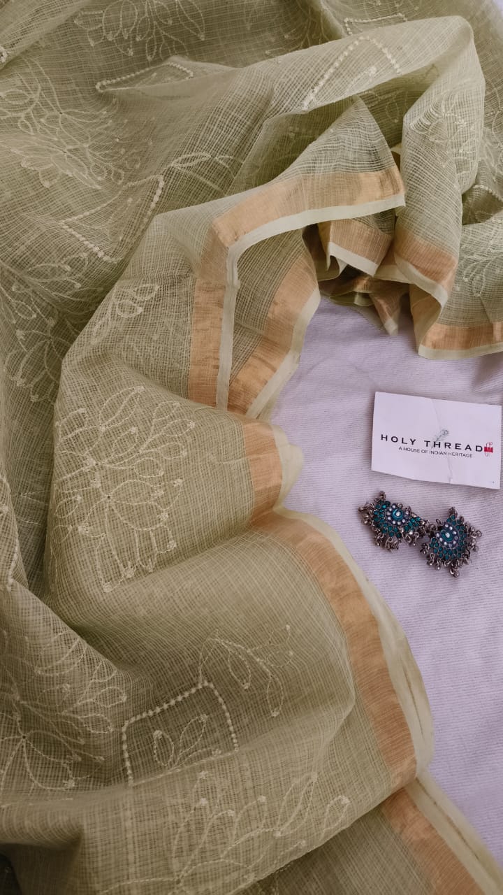 Pure thread embroidery sari in green – HolyThread India