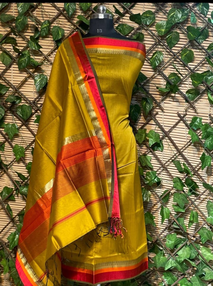 Maheswari resham with zari border suit in mustard yellow – HolyThread India