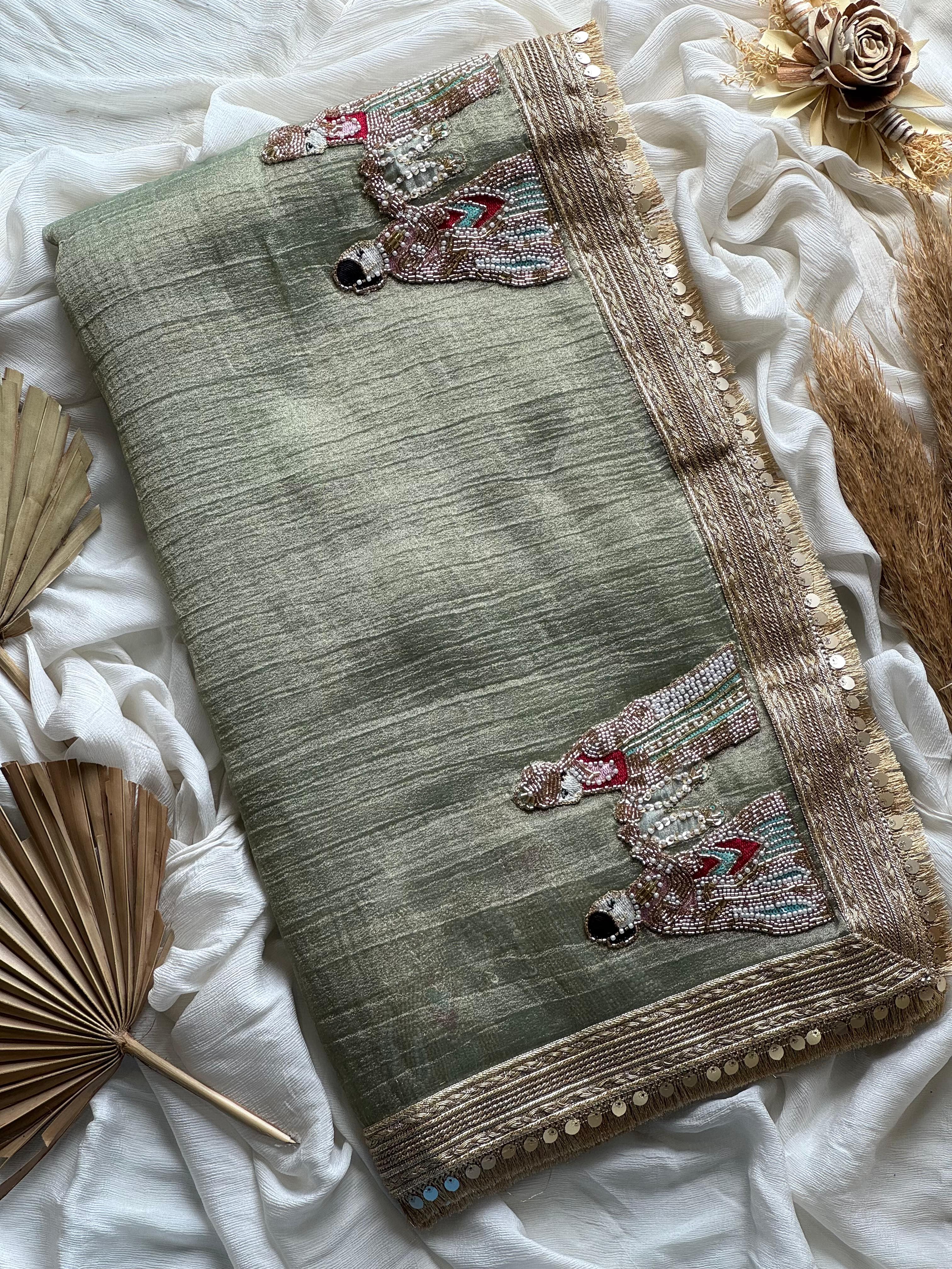 Crush tissue silk sari with indian wedding jaymal ceremony sari in oli ...