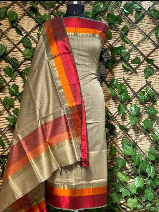 Maheswari resham with zari border suit in beige – HolyThread India
