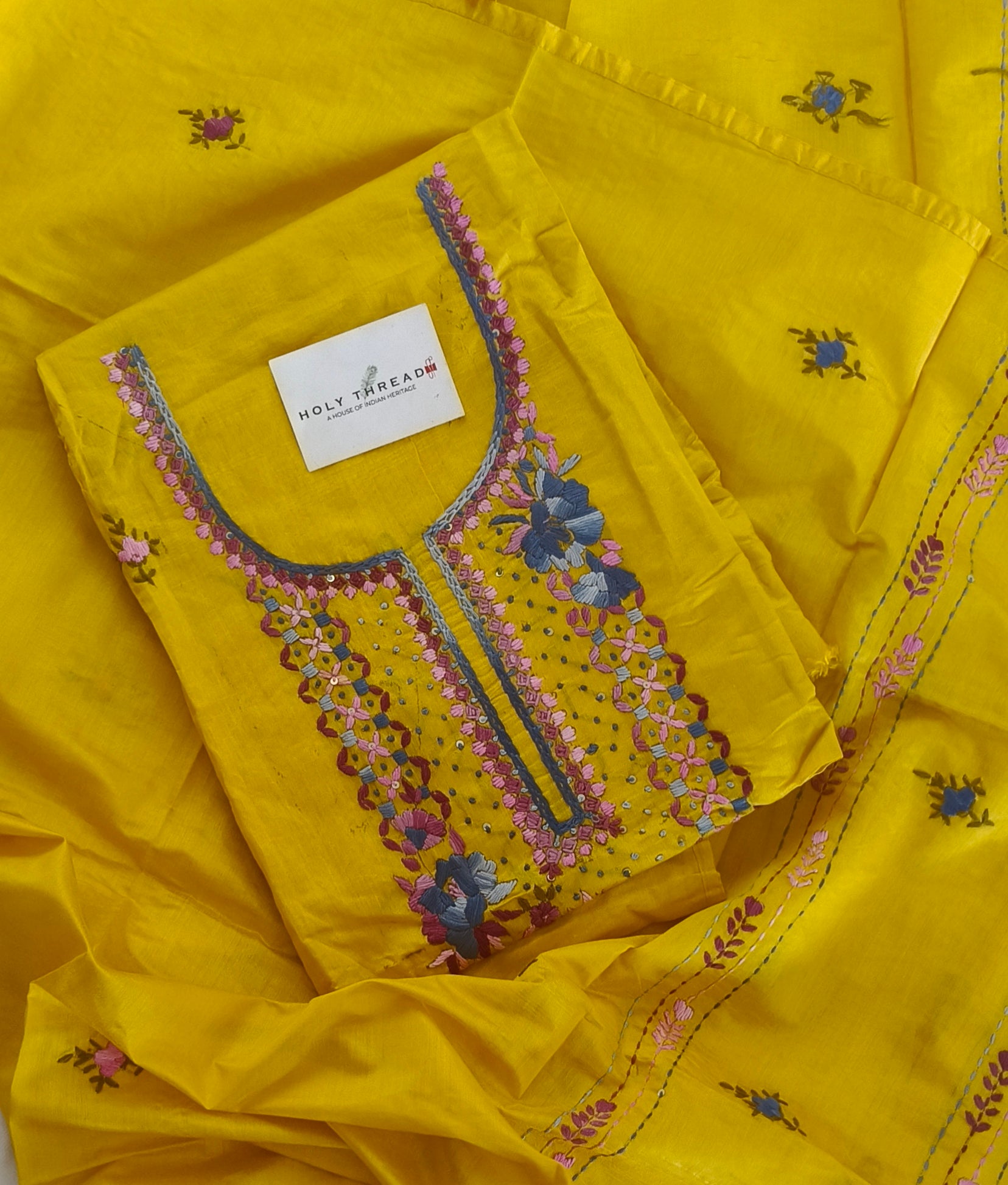 Yellow Chanderi Cotton Silk French Knot & Boolean Stitch 3pc Unstitched ...