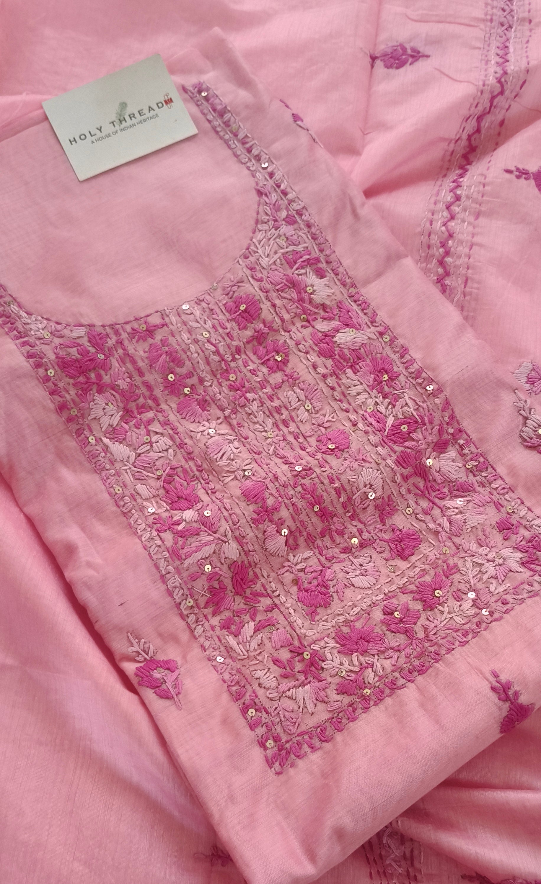 Peach Chanderi Cotton Silk French Knot & Boolean Stitch 3pc Unstitched ...