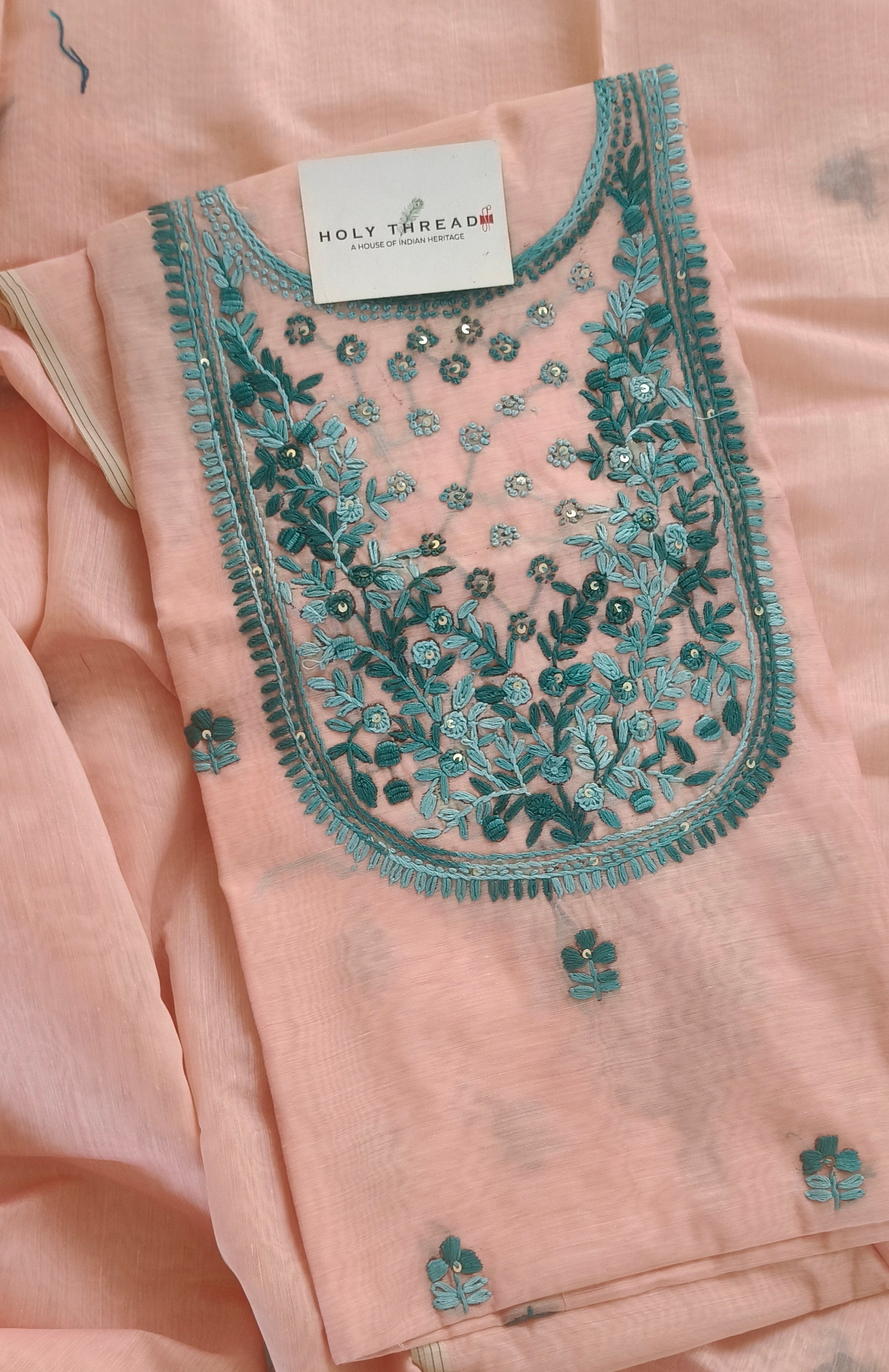 Peach Chanderi Cotton Silk French Knot & Boolean Stitch 3pc Unstitched ...