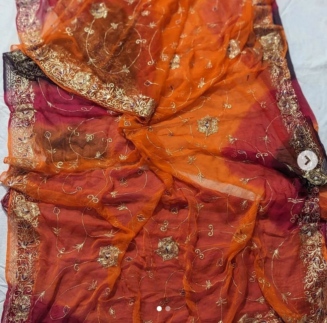 Sari Handwork chiffon handwork sari in zari and kasab work – HolyThread India