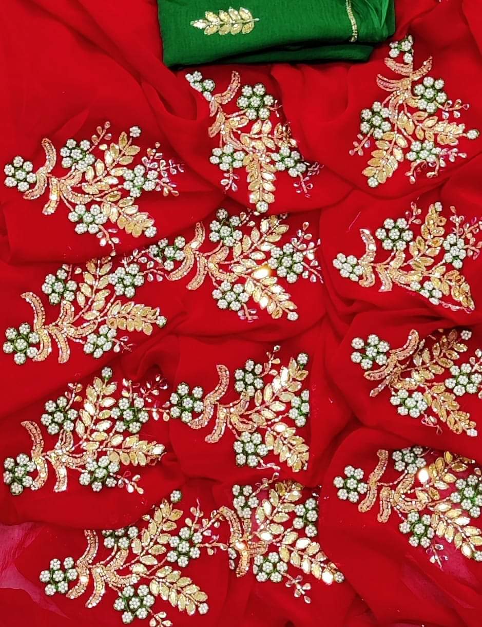 Sari Handwork Pure chiffon handwork sari in red – HolyThread India